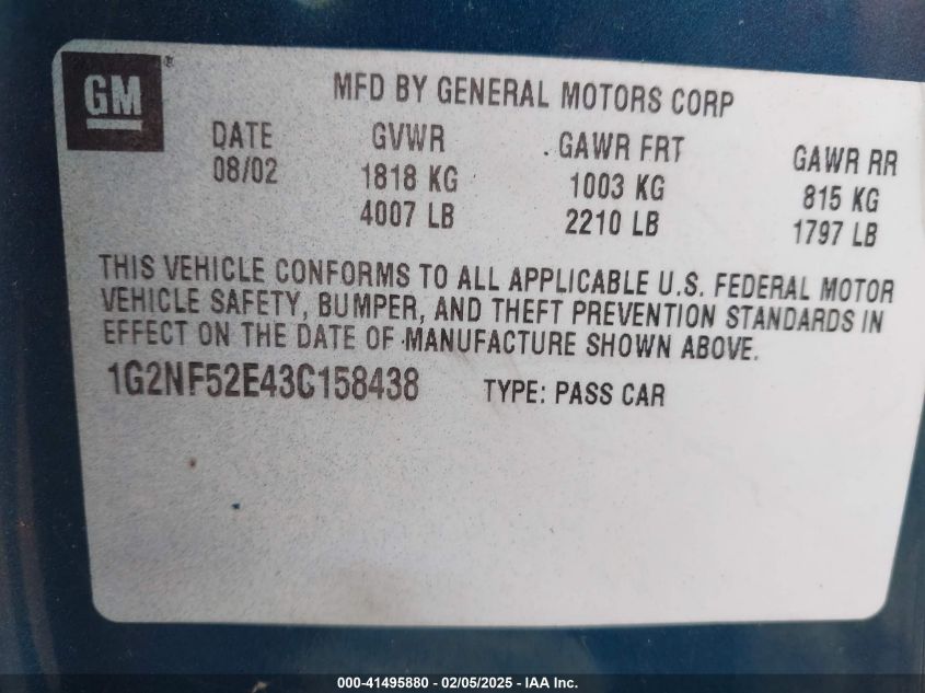 2003 Pontiac Grand Am Se-V6 VIN: 1G2NF52E433158438 Lot: 41495880