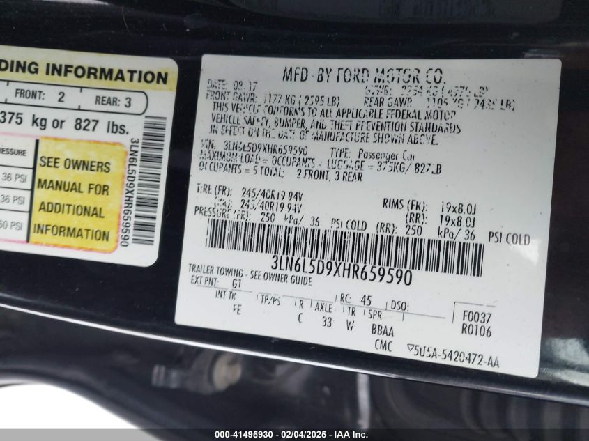 2017 Lincoln Mkz Select VIN: 3LN6L5D9XHR659590 Lot: 41495930