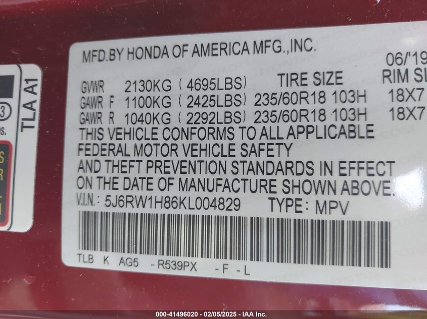 2019 HONDA CR-V EX-L - 5J6RW1H86KL004829