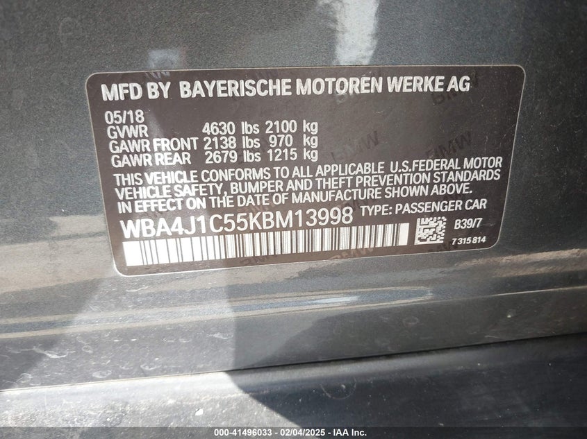 2019 BMW 430I GRAN COUPE VIN: WBA4J1C55KBM13998