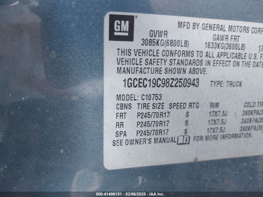 2008 Chevrolet Silverado 1500 Ls/Lt1/Work Truck VIN: 1GCEC19C98G250943 Lot: 41496151