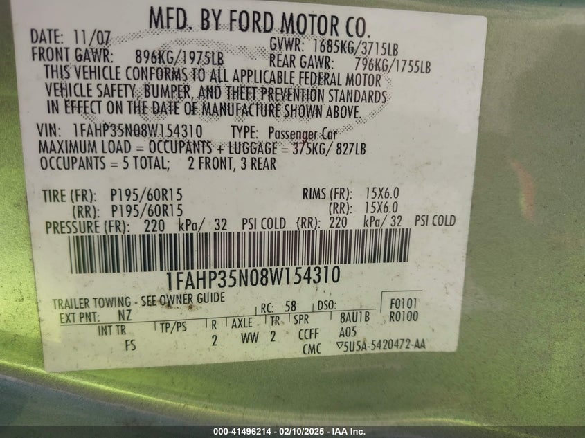 2008 FORD FOCUS VIN: 1FAHP35N08W154310