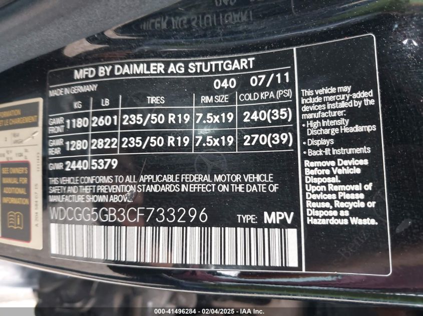 2012 Mercedes-Benz Glk 350 VIN: WDCGG5GB3CF733296 Lot: 41496284