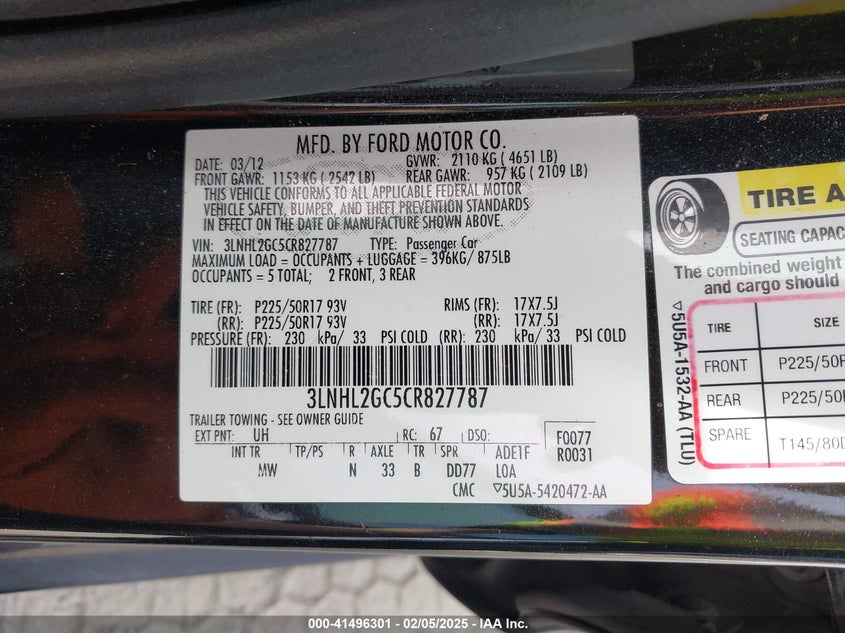 2012 LINCOLN MKZ VIN: 3LNHL2GC5CR827787
