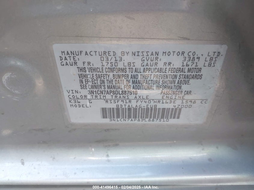 2013 NISSAN VERSA VIN: 3N1CN7AP8DL887510