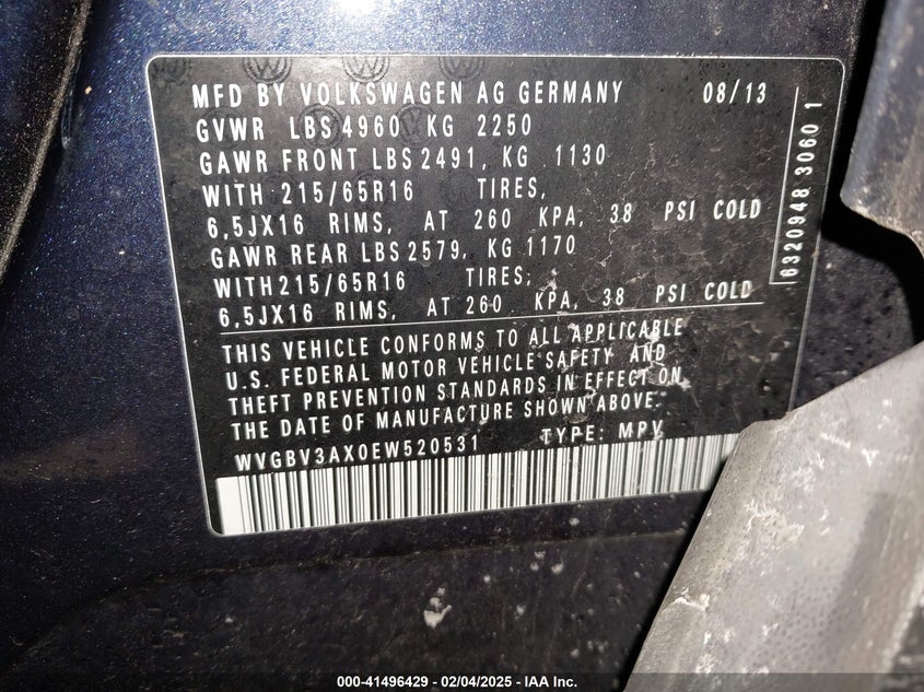 2014 VOLKSWAGEN TIGUAN VIN: WVGBV3AX0EW520531