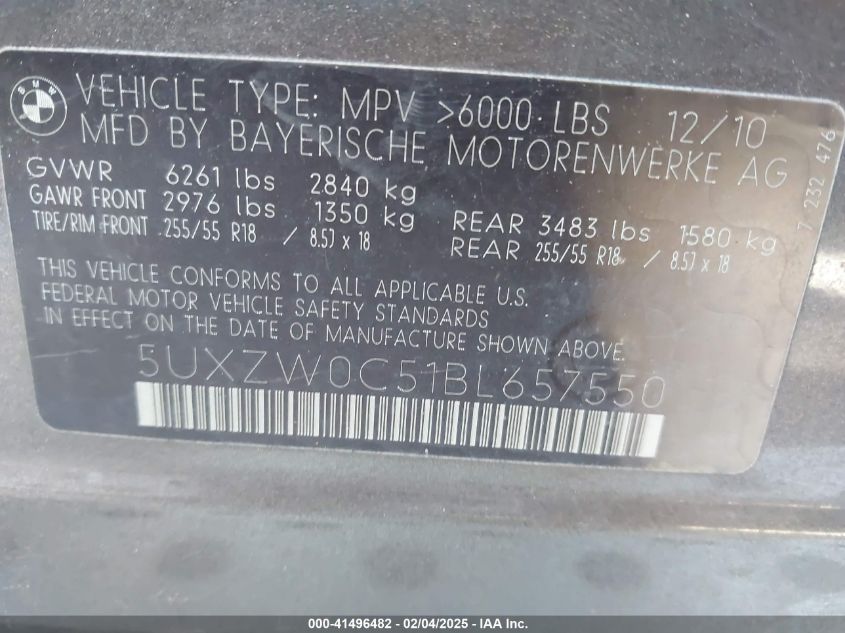 2011 BMW X5 xDrive35D VIN: 5UXZW0C51BL657550 Lot: 41496482