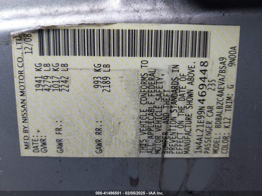 2009 NISSAN ALTIMA VIN: 1N4AL21E99N469448