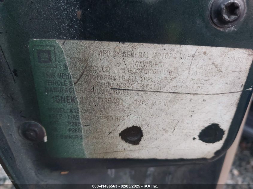 2001 Chevrolet Tahoe Lt VIN: 1GNEK13T71J135491 Lot: 41496563