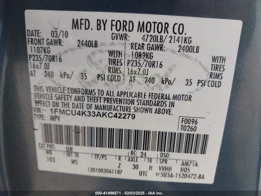 2010 FORD ESCAPE HYBRID VIN: 1FMCU4K33AKC42279