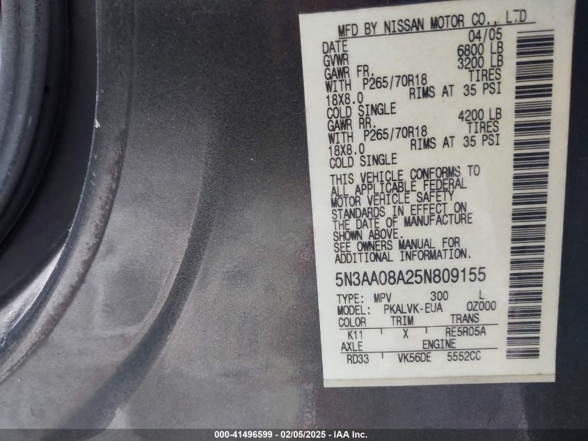 2005 Infiniti Qx56 VIN: 5N3AA08A25N809155 Lot: 41496599