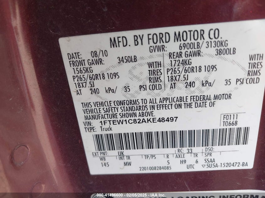 2010 Ford F-150 Fx2 Sport/Xl/Xlt VIN: 1FTEW1C82AKE48497 Lot: 41496600