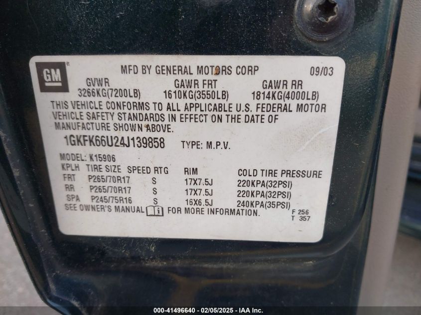 2004 GMC Yukon Xl 1500 Denali VIN: 1GKFK66U24J139858 Lot: 41496640