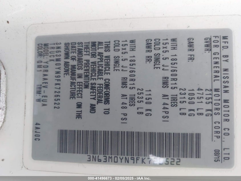 2015 CHEVROLET CITY EXPRESS 1LS - 3N63M0YN9FK726522