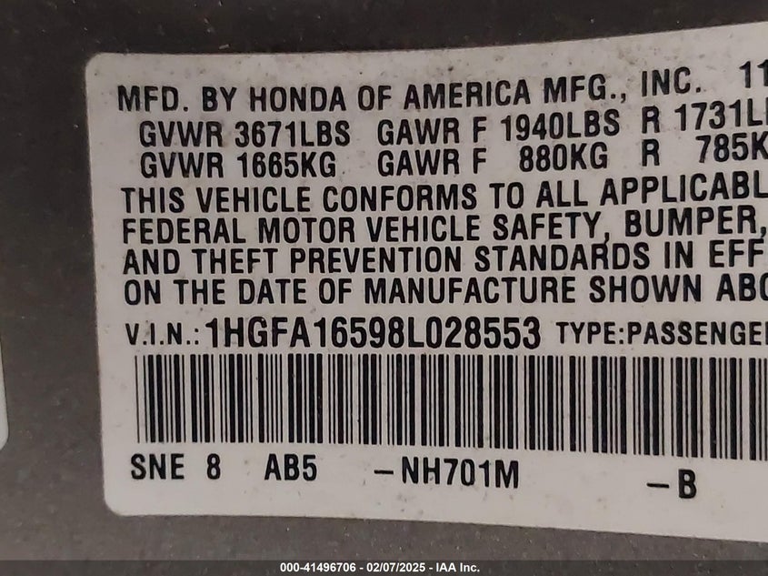 2008 HONDA CIVIC VIN: 1HGFA16598L028553