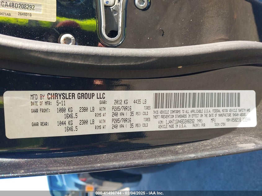 2011 JEEP PATRIOT VIN: 1J4NT1GA4BD208292
