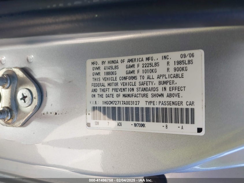 2007 HONDA ACCORD VIN: 1HGCM72717A003127