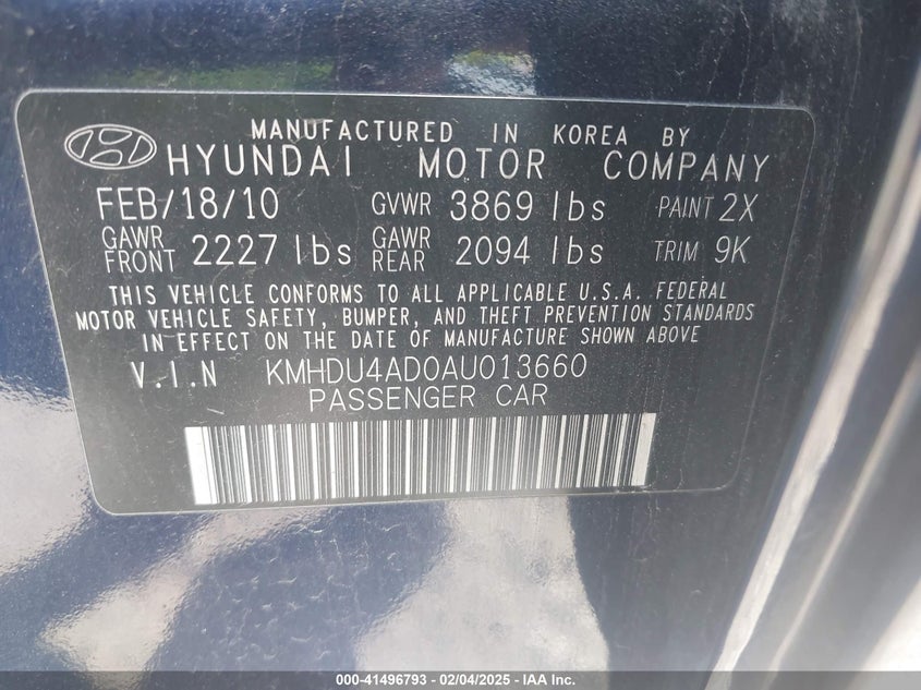 2010 HYUNDAI ELANTRA VIN: KMHDU4AD0AU013660