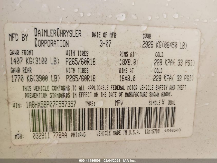 2007 Chrysler Aspen Limited VIN: 1A8HX58P07F557357 Lot: 41496806