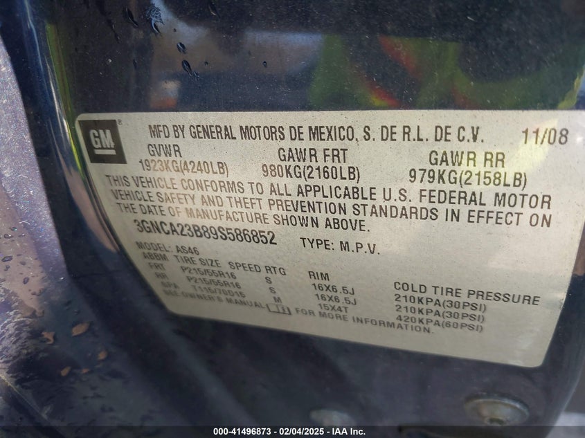 2009 CHEVROLET HHR VIN: 3GNCA23B89S586852