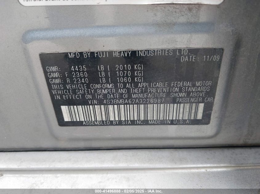 2010 Subaru Legacy 2.5I VIN: 4S3BMBA62A3226987 Lot: 41496888
