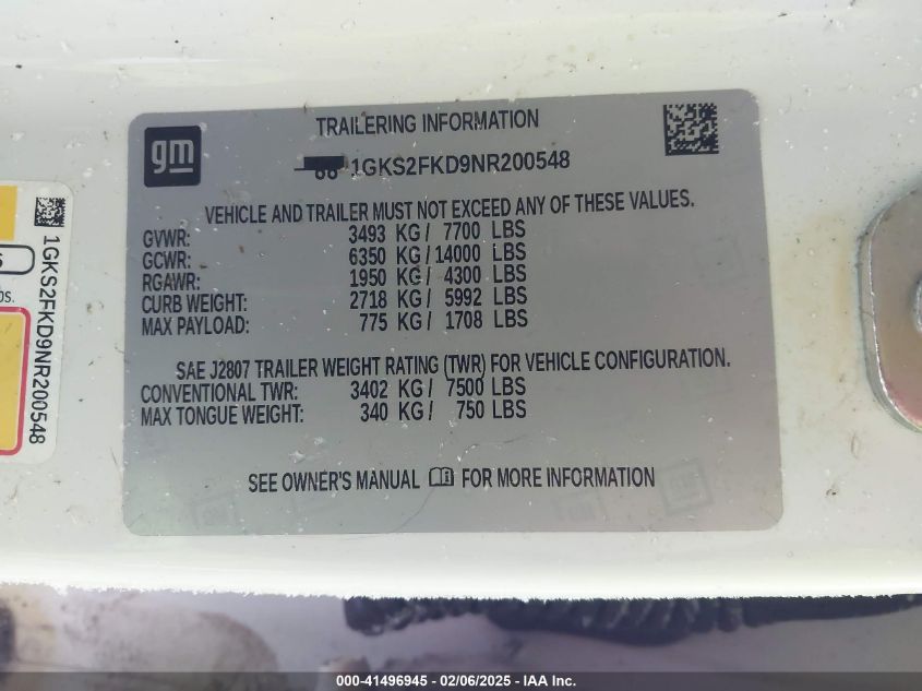 2022 GMC Yukon Xl 4Wd Sle VIN: 1GKS2FKD9NR200548 Lot: 41496945