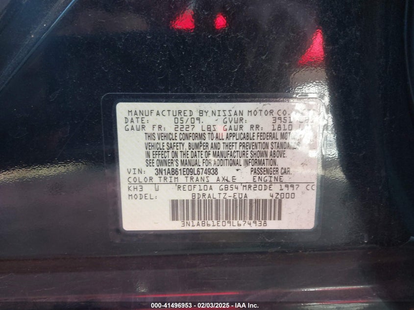 2009 NISSAN SENTRA VIN: 3N1AB61E09L674938