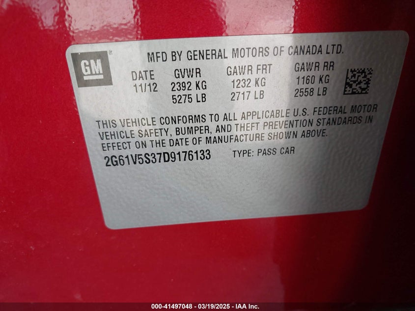 2013 CADILLAC XTS VIN: 2G61V5S37D9176133