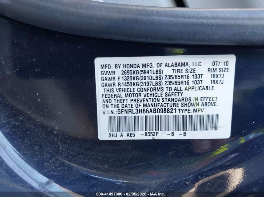 2010 Honda Odyssey Ex-L VIN: 5FNRL3H66AB098821 Lot: 41497080