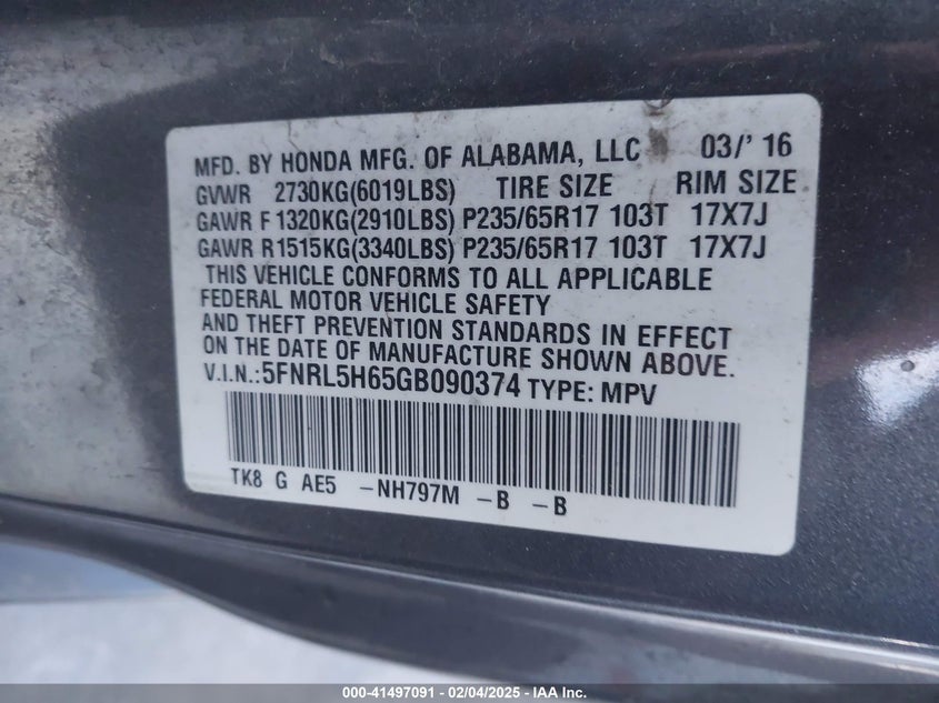 2016 HONDA ODYSSEY VIN: 5FNRL5H65GB090374