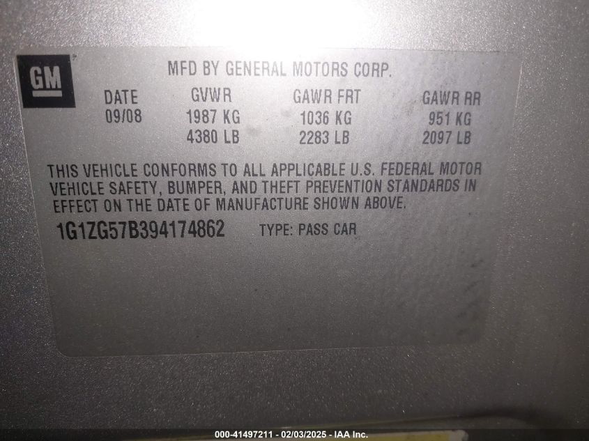 2009 Chevrolet Malibu Ls VIN: 1G1ZG57B394174862 Lot: 41497211