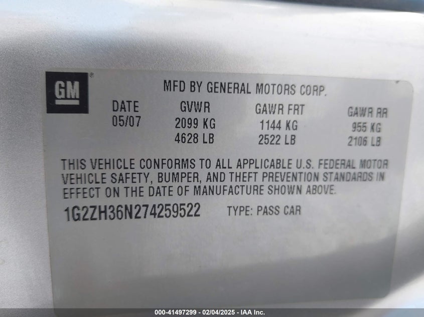 2007 PONTIAC G6 VIN: 1G2ZH36N274259522