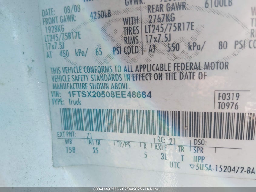 2008 Ford F-250 Lariat/Xl/Xlt VIN: 1FTSX20508EE48684 Lot: 41497336