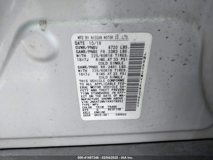 2019 NISSAN ROGUE VIN: JN8AT2MV1KW379852