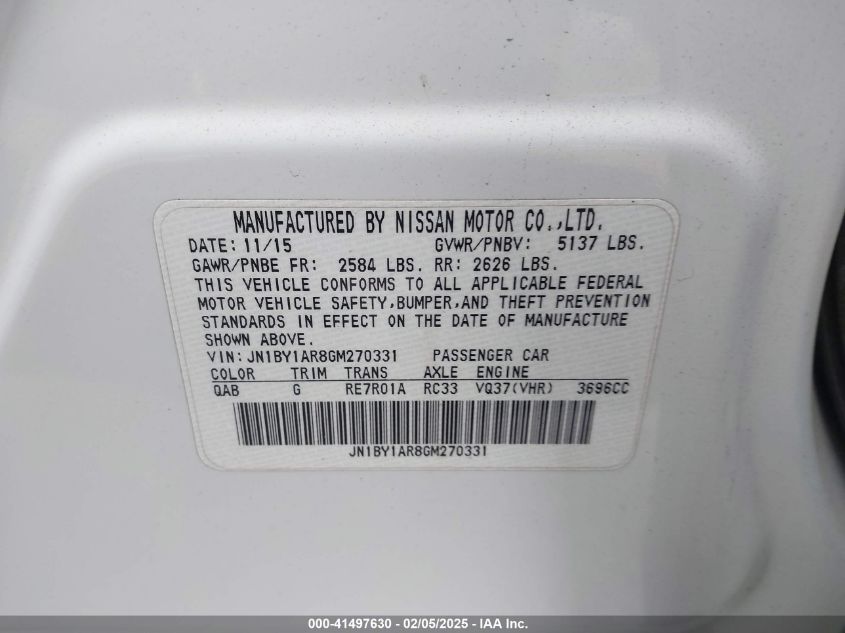 2016 Infiniti Q70 3.7X VIN: JN1BY1AR8GM270331 Lot: 41497630