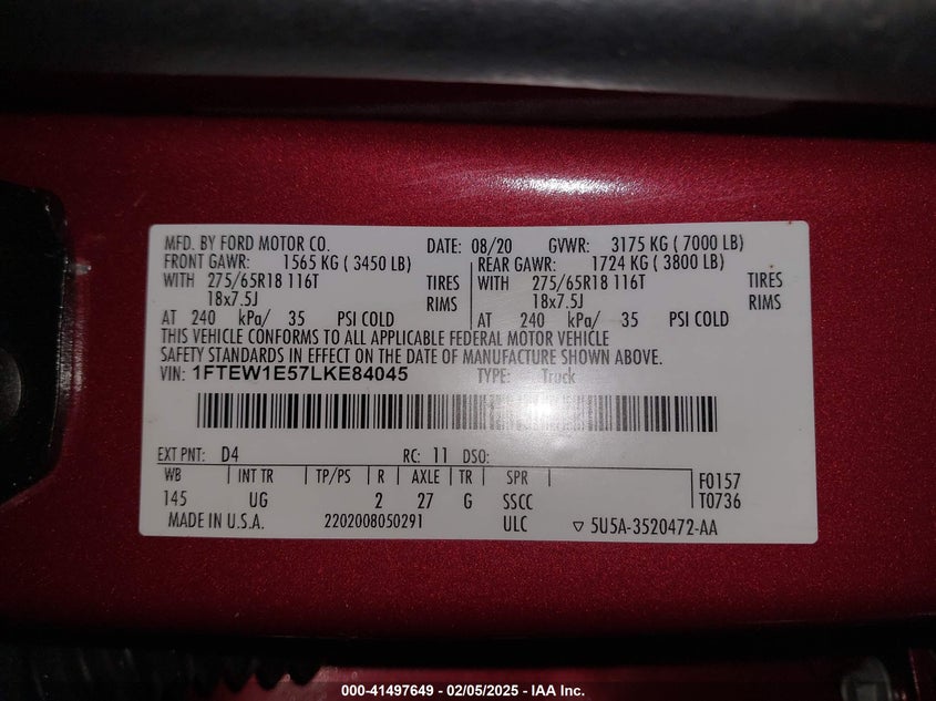 2020 FORD F-150 VIN: 1FTEW1E57LKE84045