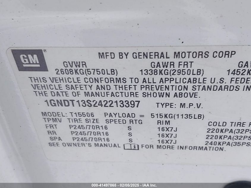 2004 Chevrolet Trailblazer Ls/Lt VIN: 1GNDT13S242218397 Lot: 41497865