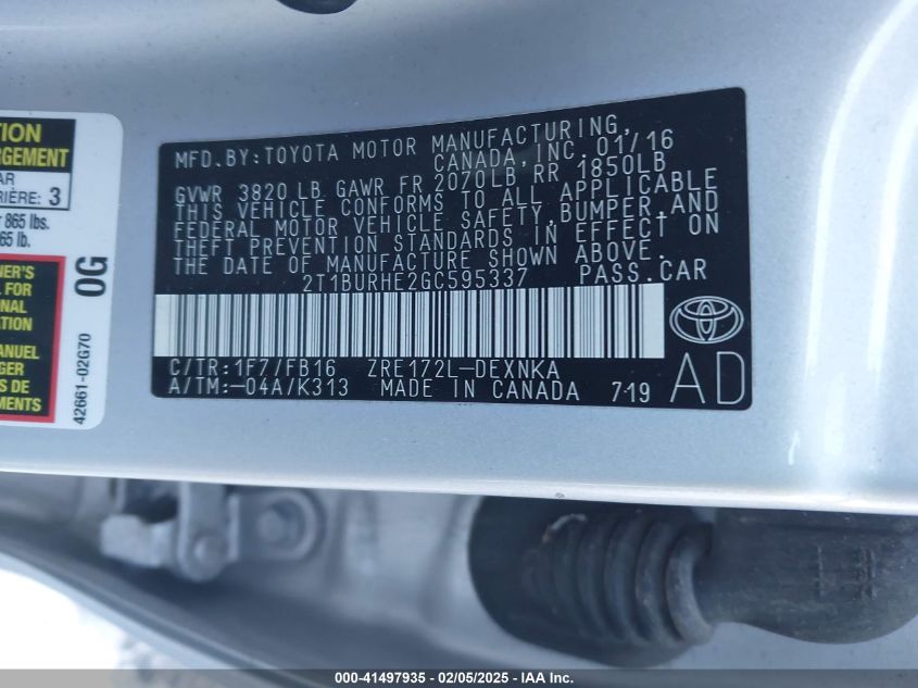 2016 Toyota Corolla Le VIN: 2T1BURHE2GC595337 Lot: 41497935