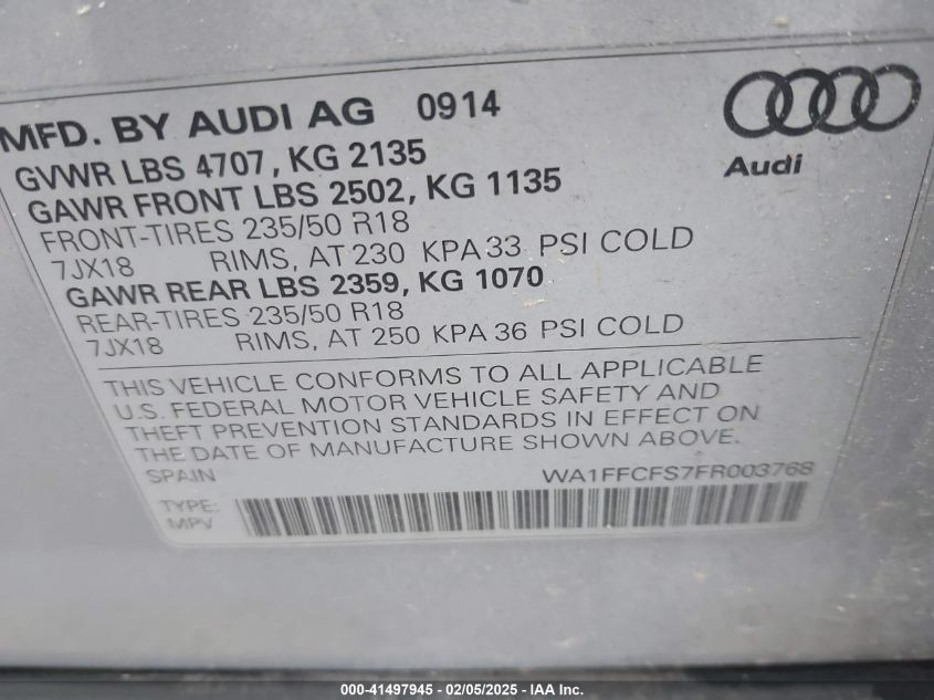 2015 AUDI Q3 2.0T PREMIUM PLUS - WA1FFCFS7FR003768