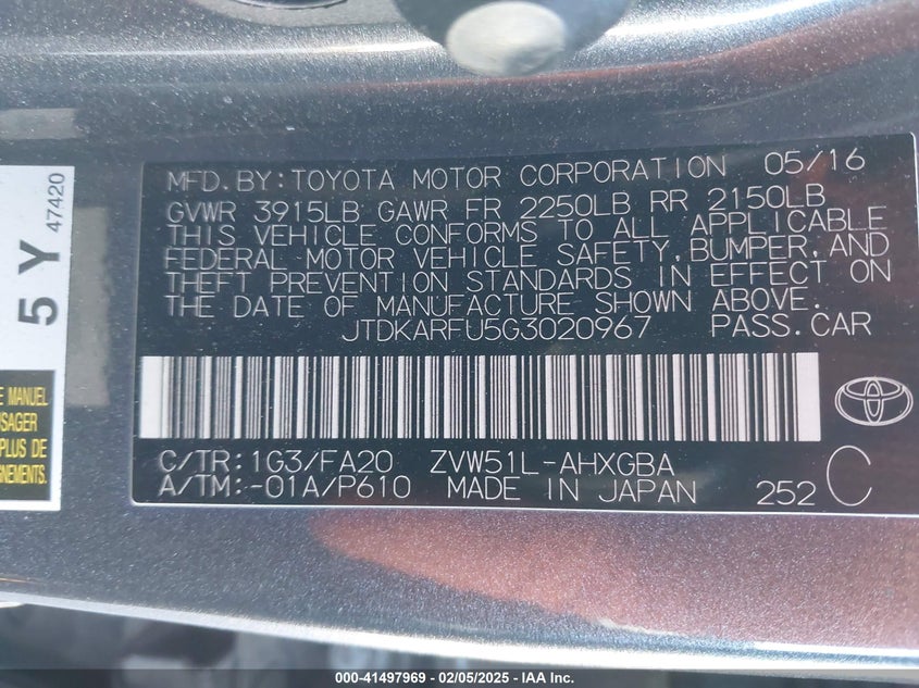 2016 TOYOTA PRIUS VIN: JTDKARFU5G3020967