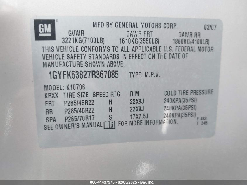 2007 Cadillac Escalade Standard VIN: 1GYFK63827R367085 Lot: 41497976