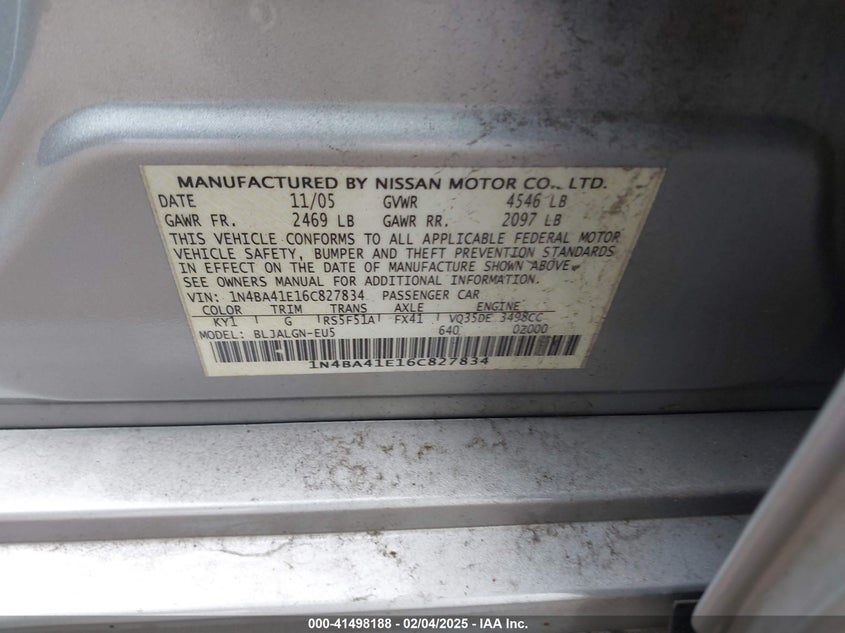2006 NISSAN MAXIMA VIN: 1N4BA41E16C827834