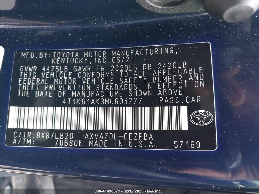 2021 TOYOTA CAMRY VIN: 4T1K61AK3MU604777
