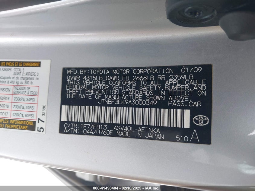 2010 TOYOTA CAMRY VIN: JTNBF3EK9A3000349