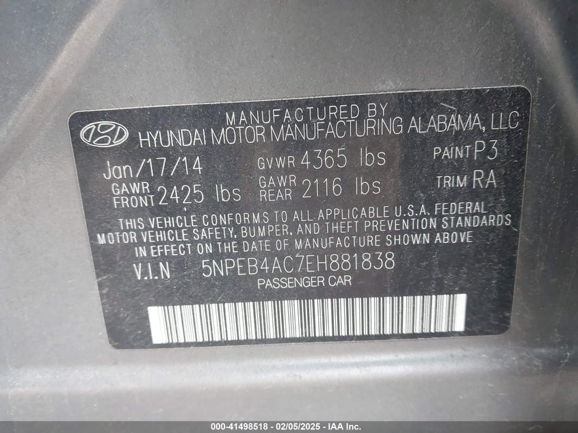 2014 HYUNDAI SONATA VIN: 5NPEB4AC7EH881838