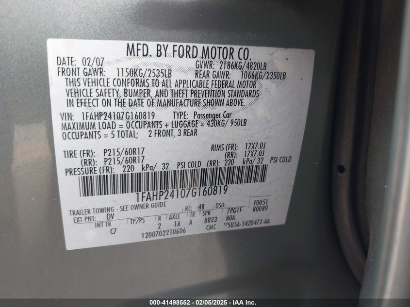 2007 FORD FIVE HUNDRED VIN: 1FAHP24107G160819