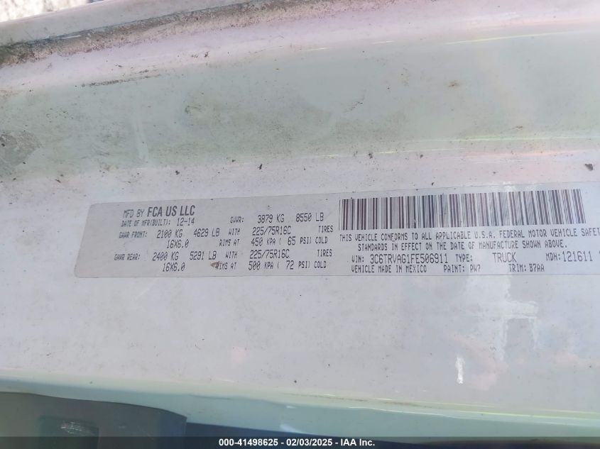 2015 Ram Promaster 1500 Low Roof VIN: 3C6TRVAG1FE506911 Lot: 41498625