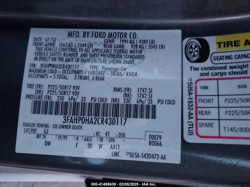 2012 Ford Fusion Se VIN: 3FAHP0HA2CR430117 Lot: 41498638