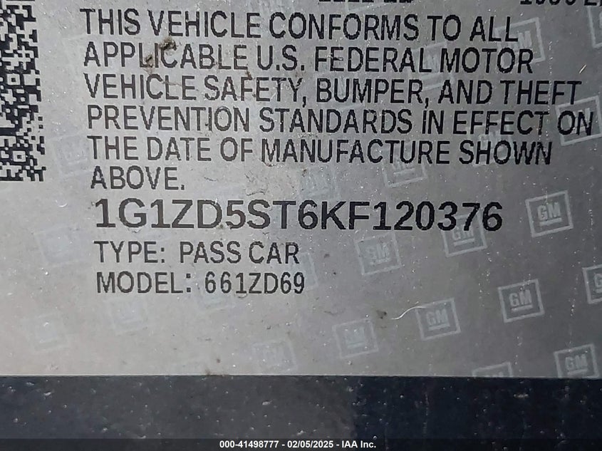 2019 CHEVROLET MALIBU VIN: 1G1ZD5ST6KF120376