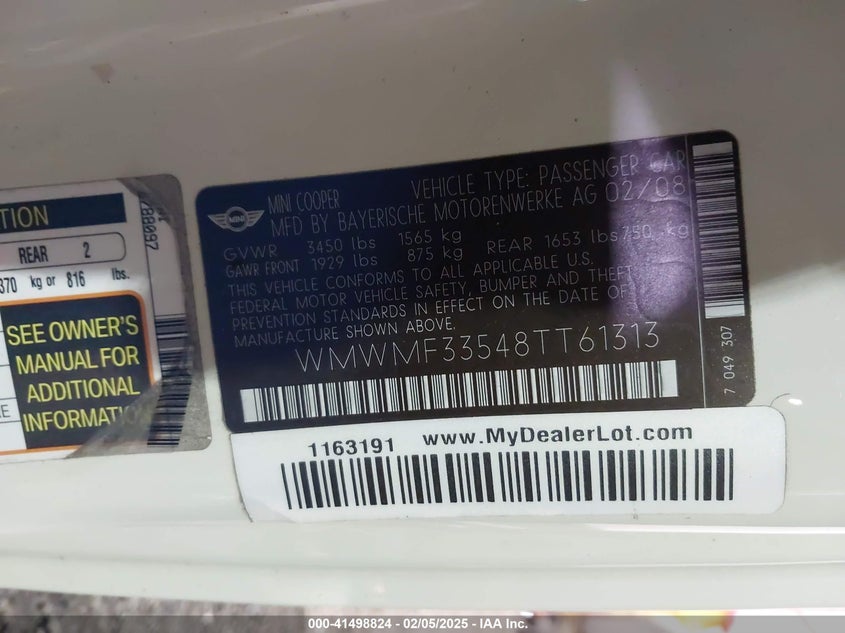 2008 Mini Cooper VIN: WMWMF33548TT61313 Lot: 41498824